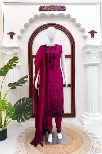 Pink roman silk embroidered suit set with pant & dupatta