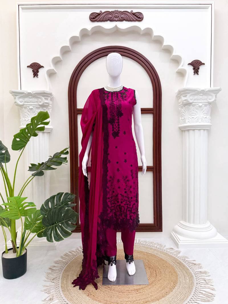 Pink roman silk embroidered suit set with pant & dupatta