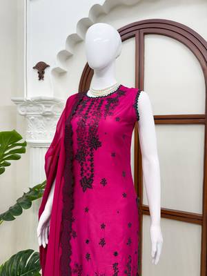 Pink roman silk embroidered suit set with pant & dupatta 3