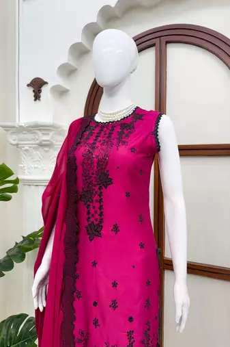Pink roman silk embroidered suit set with pant & dupatta