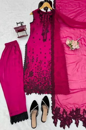 Pink roman silk embroidered suit set with pant & dupatta
