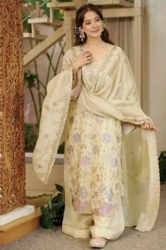 Crem vichitra silk embroidered kurti palazzo set with dupatta