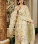 Crem vichitra silk embroidered kurti palazzo set with dupatta