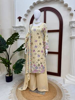 Crem vichitra silk embroidered kurti palazzo set with dupatta 2