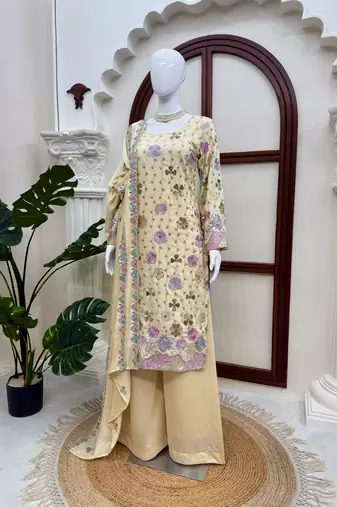 Crem vichitra silk embroidered kurti palazzo set with dupatta