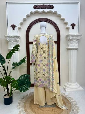 Crem vichitra silk embroidered kurti palazzo set with dupatta 3