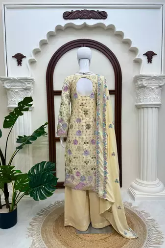 Crem vichitra silk embroidered kurti palazzo set with dupatta