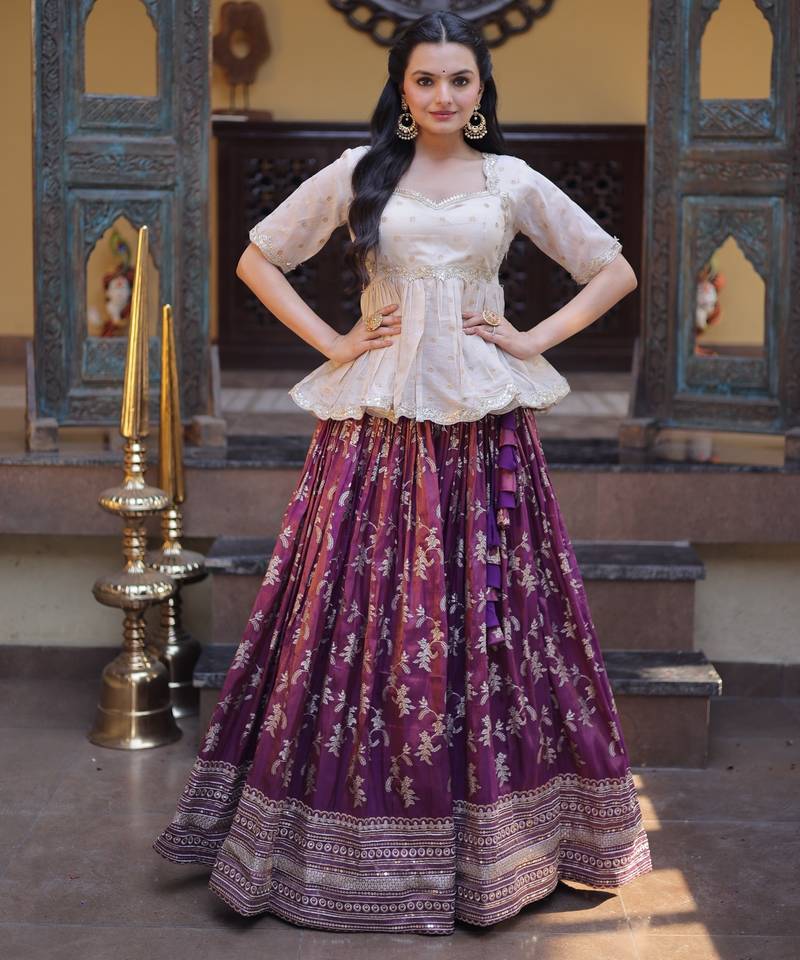 Wine Viscose Jacquard Embroidered Lehenga Choli Set