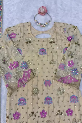 Crem vichitra silk embroidered kurti palazzo set with dupatta