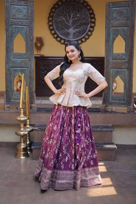 Wine Viscose Jacquard Embroidered Lehenga Choli Set 2