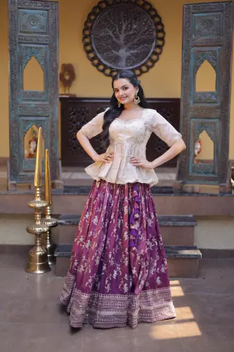 Wine Viscose Jacquard Embroidered Lehenga Choli Set