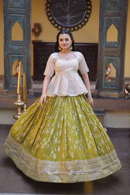 Parrot green Viscose Jacquard Embroidered Lehenga Choli Set 1