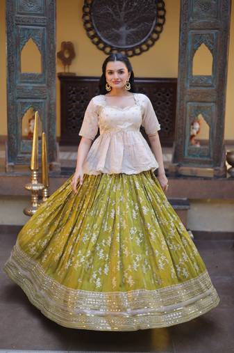 Parrot green Viscose Jacquard Embroidered Lehenga Choli Set