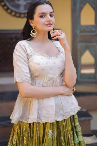 Parrot green Viscose Jacquard Embroidered Lehenga Choli Set