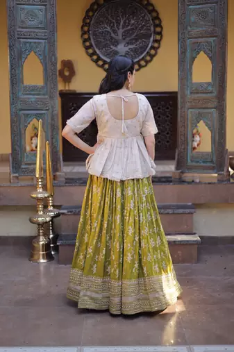 Parrot green Viscose Jacquard Embroidered Lehenga Choli Set