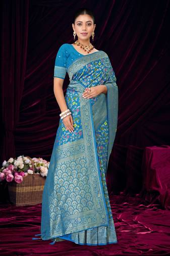 Sky blue silk blend saree with floral zari and thread work