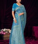 Sky blue silk blend saree with floral zari and thread work