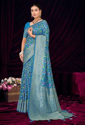 Sky blue silk blend saree with floral zari and thread work 2