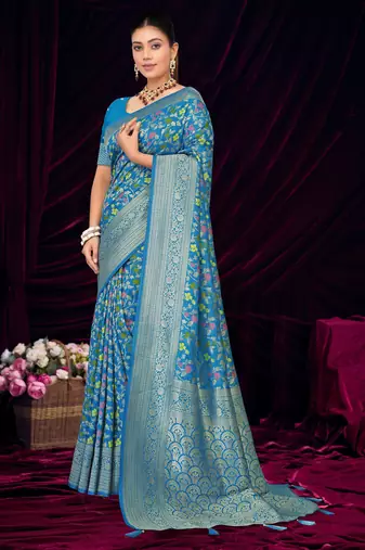 Sky blue silk blend saree with floral zari and thread work