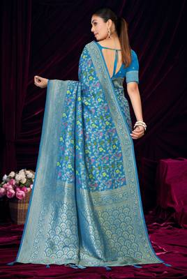 Sky blue silk blend saree with floral zari and thread work 3