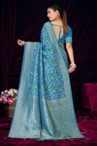 Sky blue silk blend saree with floral zari and thread work