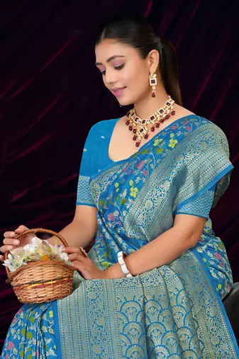 Sky blue silk blend saree with floral zari and thread work