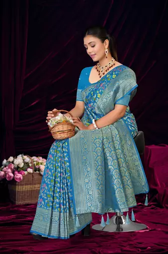Sky blue silk blend saree with floral zari and thread work