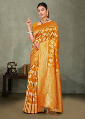 Mustard yellow silk saree with floral zari and thread work 1