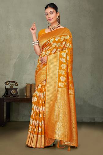 Mustard yellow silk saree with floral zari and thread work