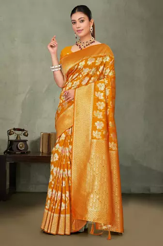 Mustard yellow silk saree with floral zari and thread work