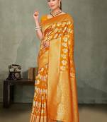 Mustard yellow silk saree with floral zari and thread work