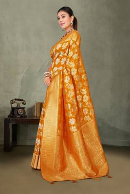 Mustard yellow silk saree with floral zari and thread work 2