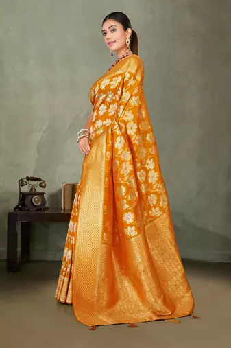 Mustard yellow silk saree with floral zari and thread work