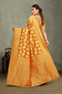 Mustard yellow silk saree with floral zari and thread work 3