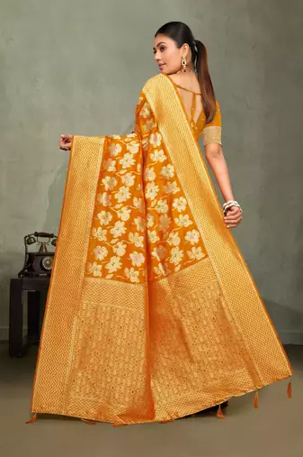 Mustard yellow silk saree with floral zari and thread work