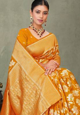 Mustard yellow silk saree with floral zari and thread work 4