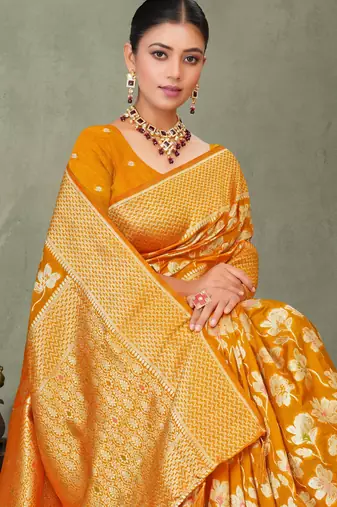 Mustard yellow silk saree with floral zari and thread work