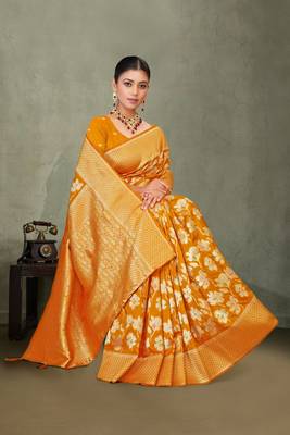 Mustard yellow silk saree with floral zari and thread work 5