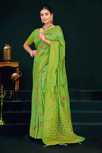 Light green dola silk saree with multicolor floral zari and thread work