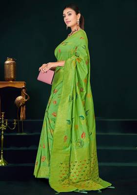 Light green dola silk saree with multicolor floral zari and thread work 2