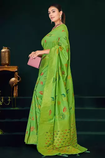 Light green dola silk saree with multicolor floral zari and thread work