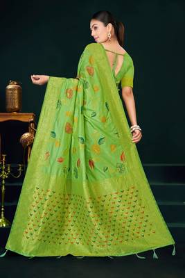 Light green dola silk saree with multicolor floral zari and thread work 3