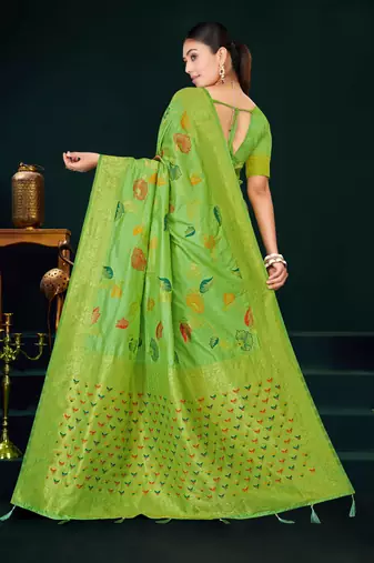 Light green dola silk saree with multicolor floral zari and thread work