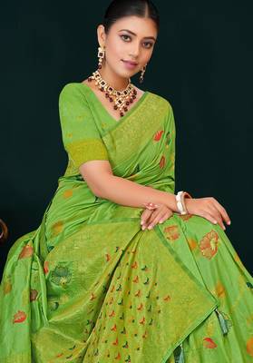 Light green dola silk saree with multicolor floral zari and thread work 4