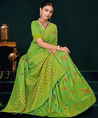 Light green dola silk saree with multicolor floral zari and thread work 5