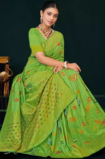 Light green dola silk saree with multicolor floral zari and thread work