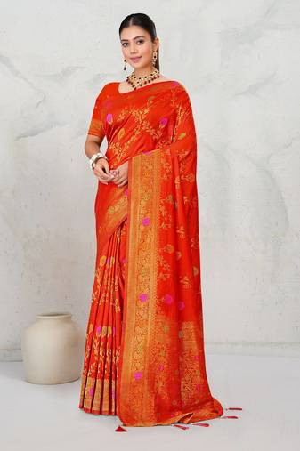 Red dola silk saree with multicolor floral zari and thread work