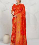 Red dola silk saree with multicolor floral zari and thread work