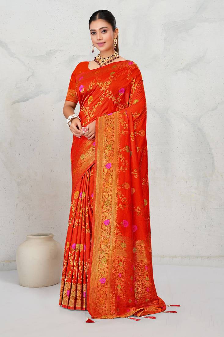 Red dola silk saree with multicolor floral zari and thread work