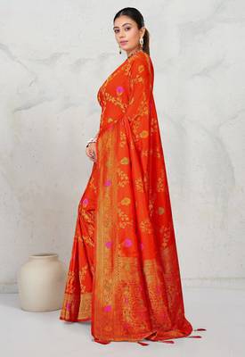 Red dola silk saree with multicolor floral zari and thread work 2